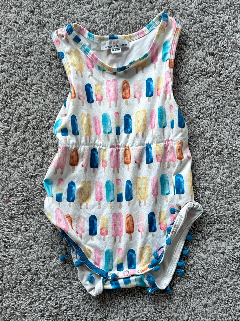 Bailey’s Blossoms Baby Girl 18-24 Months Popsicle Pom Pom Trim Summer Rompe